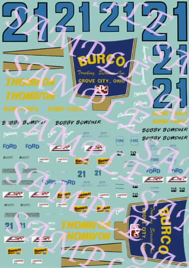#21 Bobby Bowsher Burco Ford 1/64th HO Scale Slot Car Waterslide Decals 